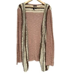 BKE Boutique Cardigan Sweater Womens L Pink Cotton Boho Open Front Mixed Knit